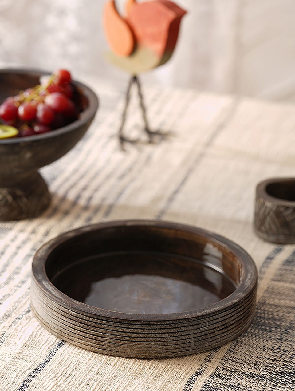 Handcarved And Enamelled Wooden Round Tray