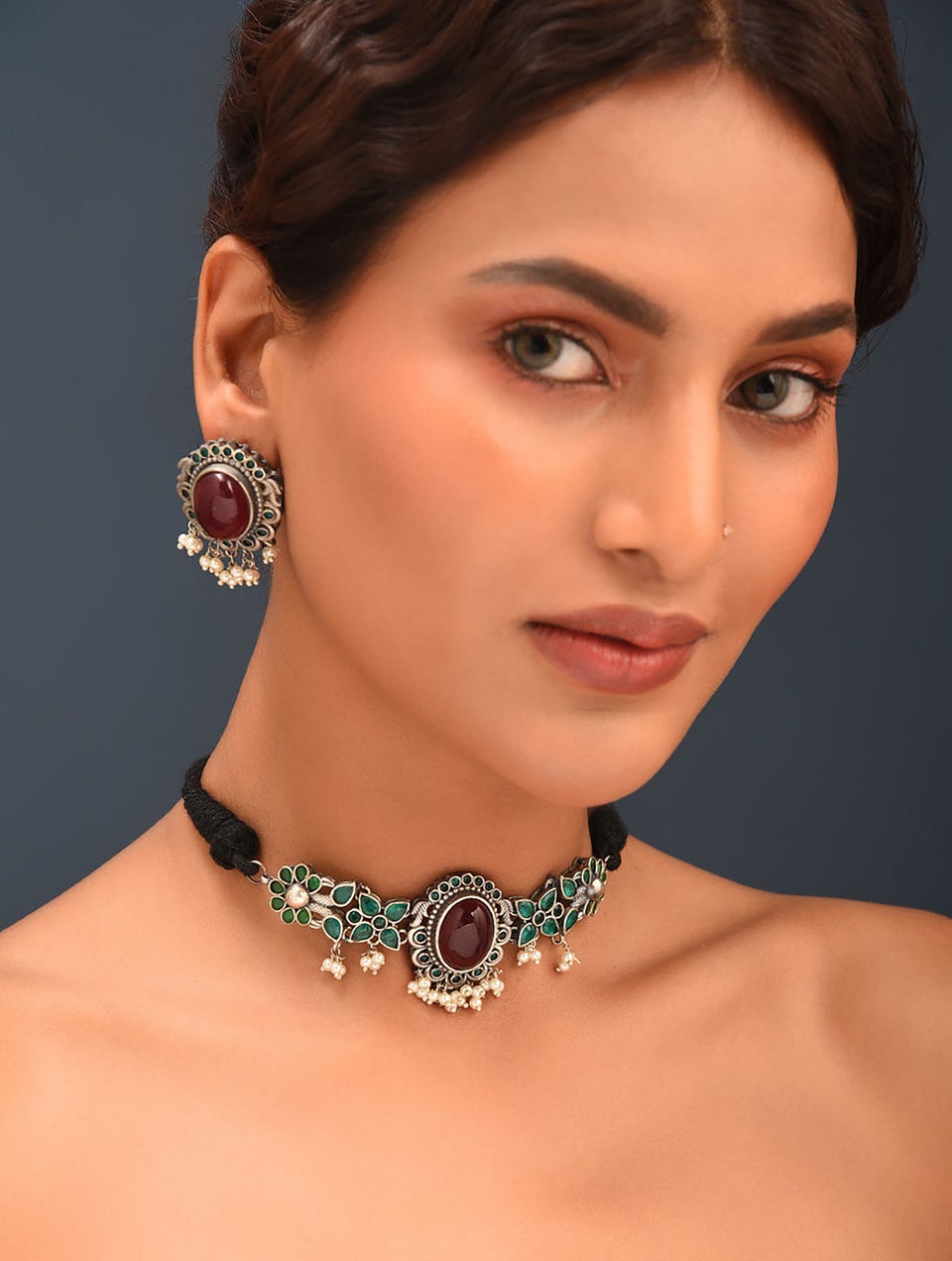 Women Red Green Silver Tone Tribal Choker Necklace With Earring
