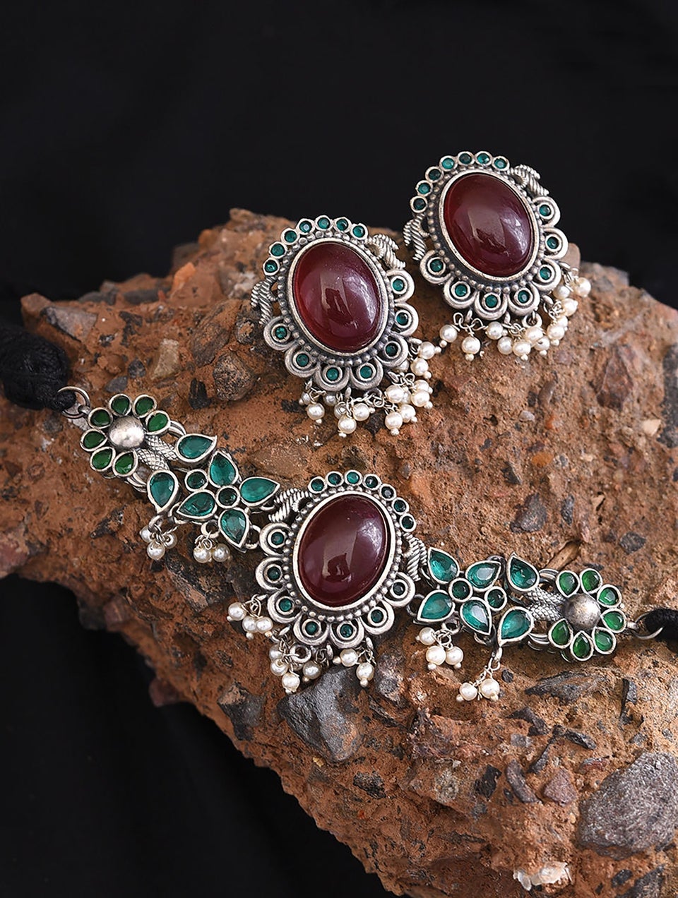 Women Red Green Silver Tone Tribal Choker Necklace With Earring