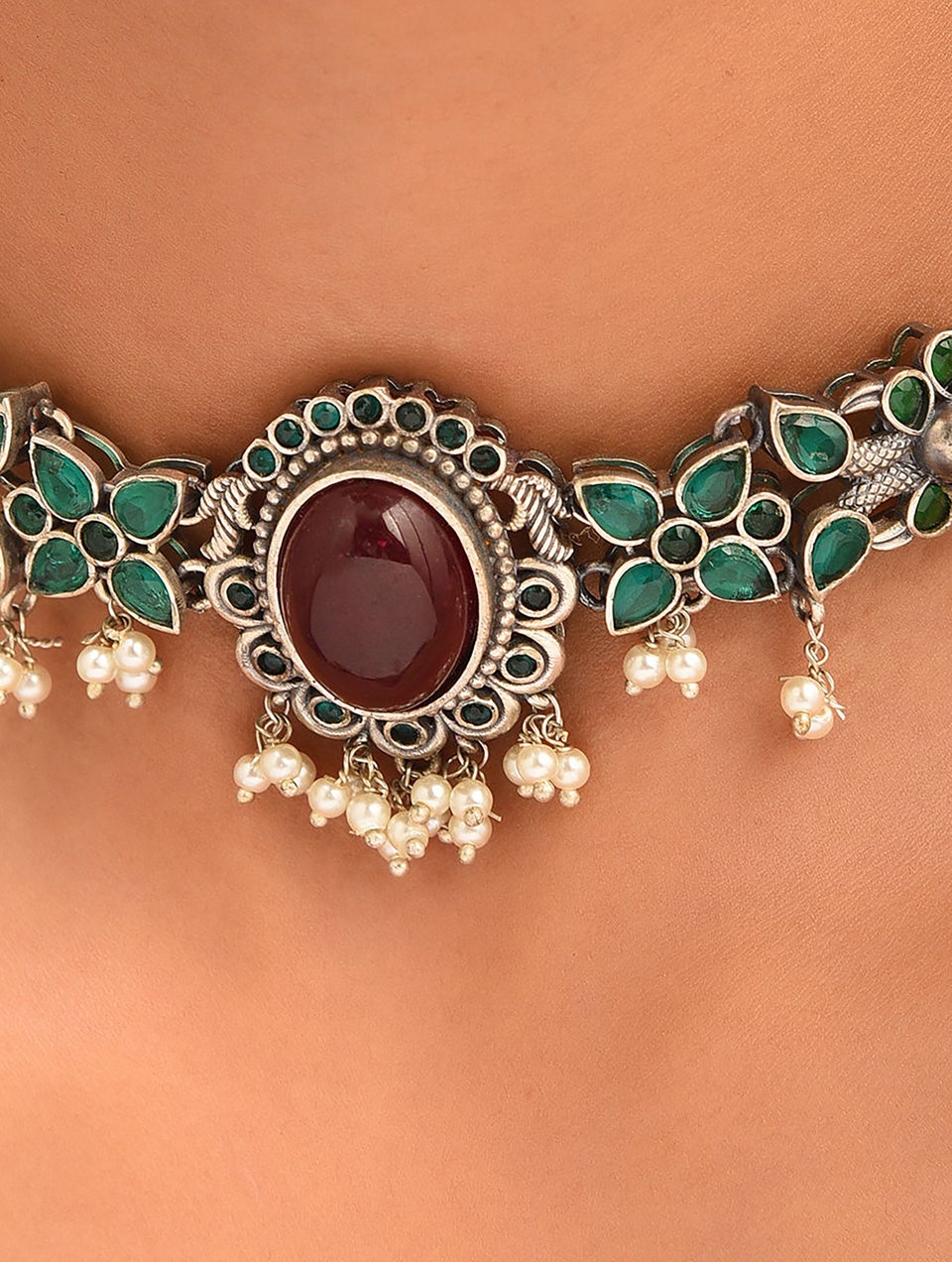 Women Red Green Silver Tone Tribal Choker Necklace With Earring
