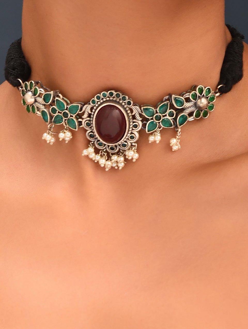 Women Red Green Silver Tone Tribal Choker Necklace With Earring
