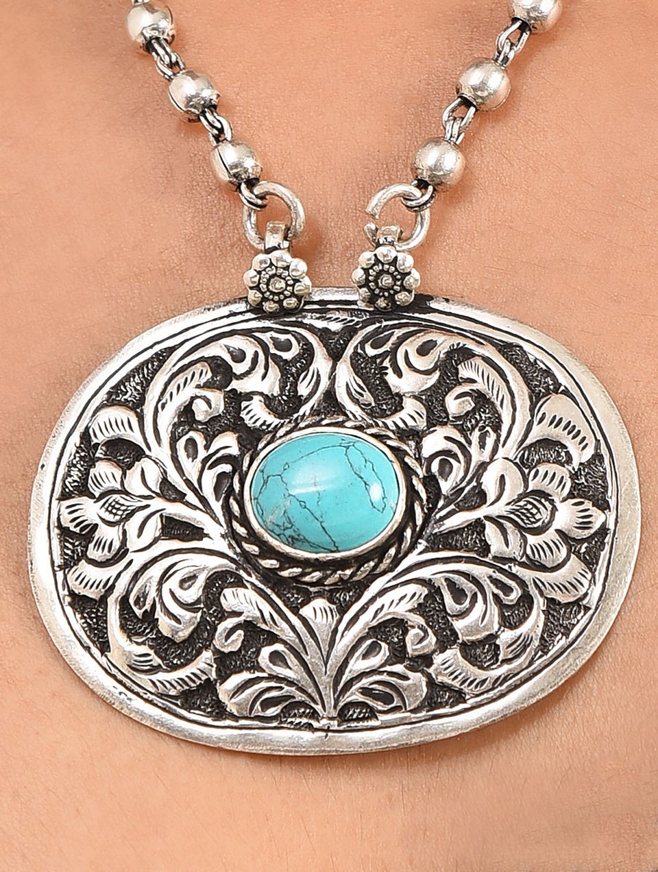 Women Turquoise Tribal Silver Necklace