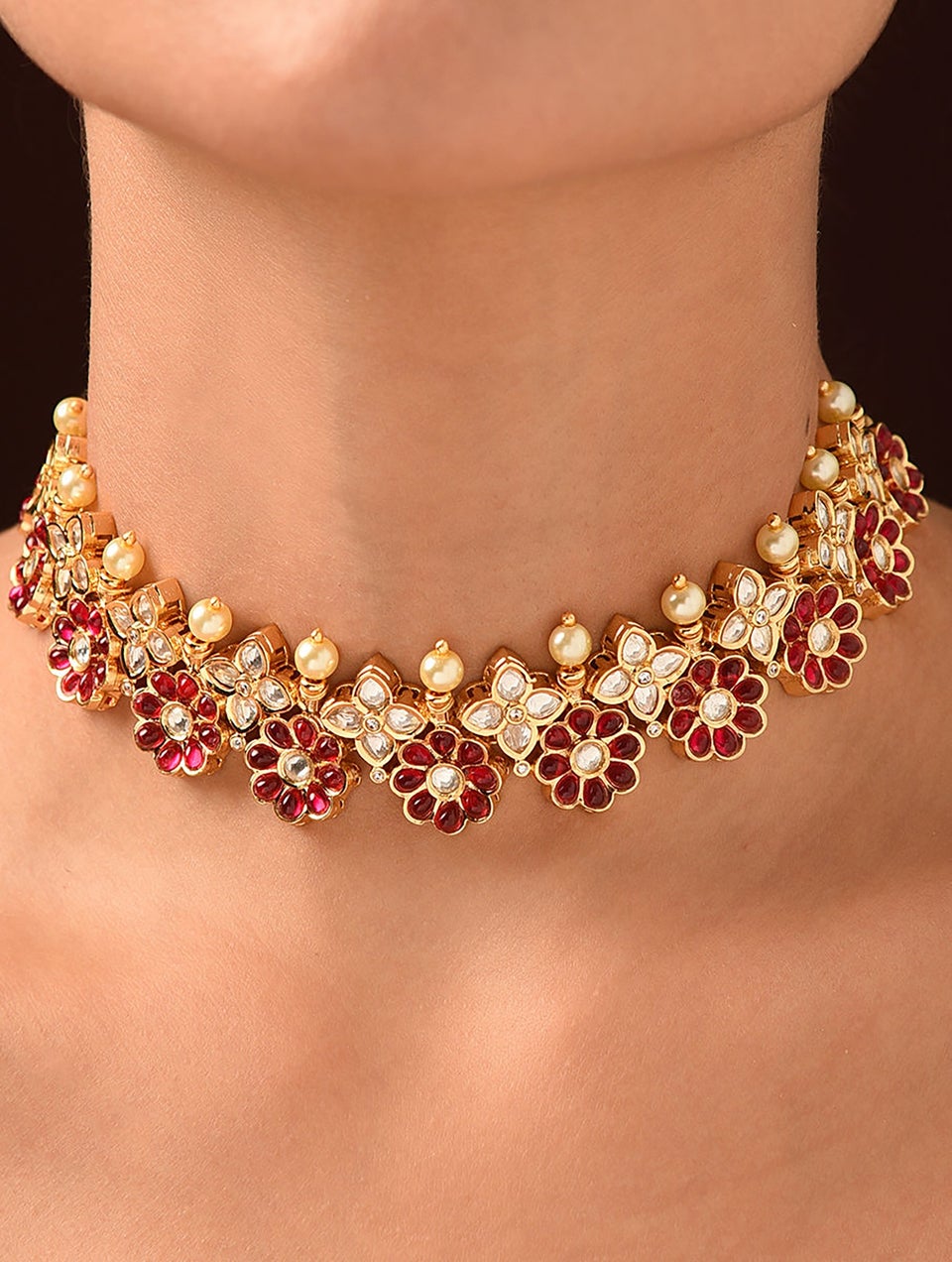 Women Red Gold Tone Necklace With Earring