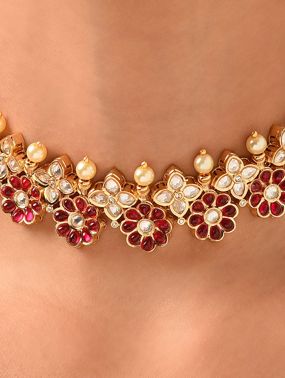 Women Red Gold Tone Necklace With Earring