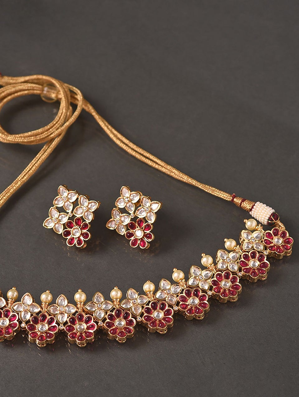 Women Red Gold Tone Necklace With Earring