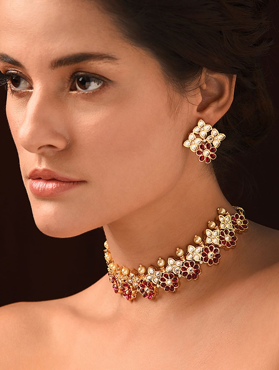 Women Red Gold Tone Necklace With Earring