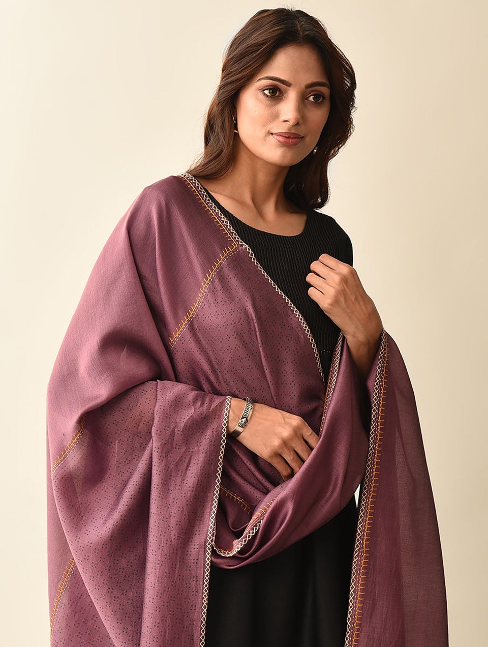 Women Purple Handwoven Chanderi Dupatta With Block Print And Hand Embroidery