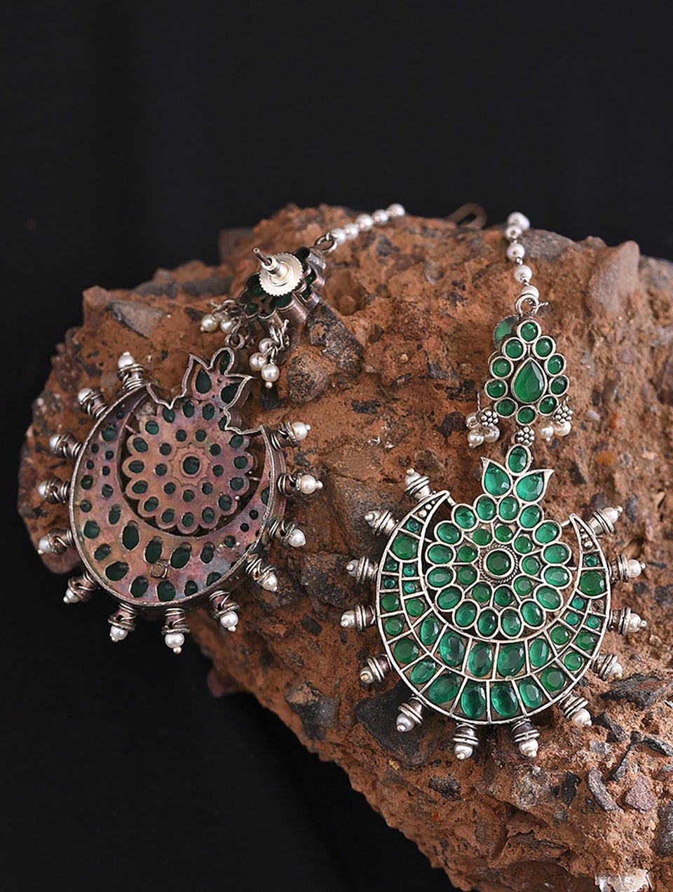 Women Green Silver Tone Tribal Earrings