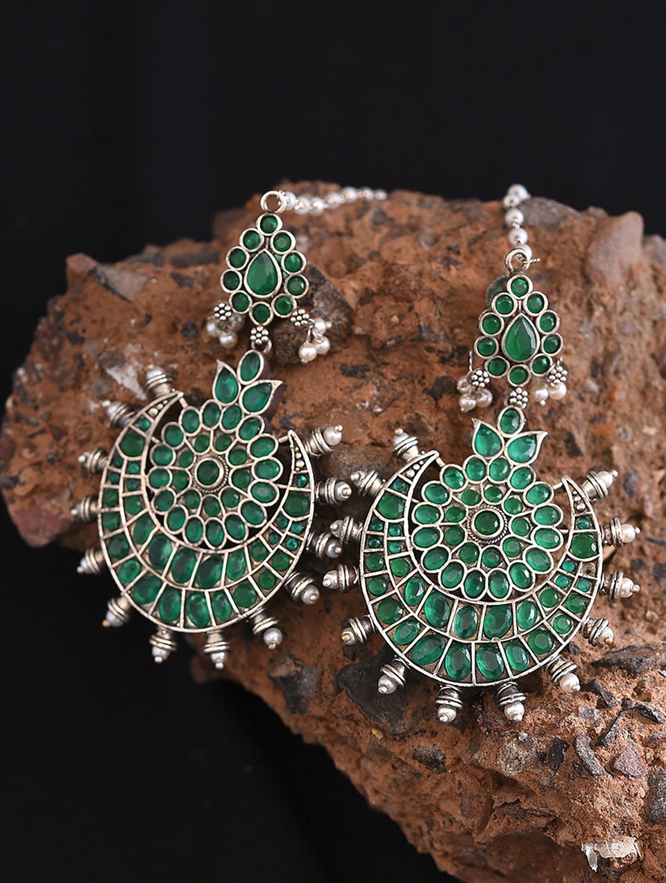 Women Green Silver Tone Tribal Earrings