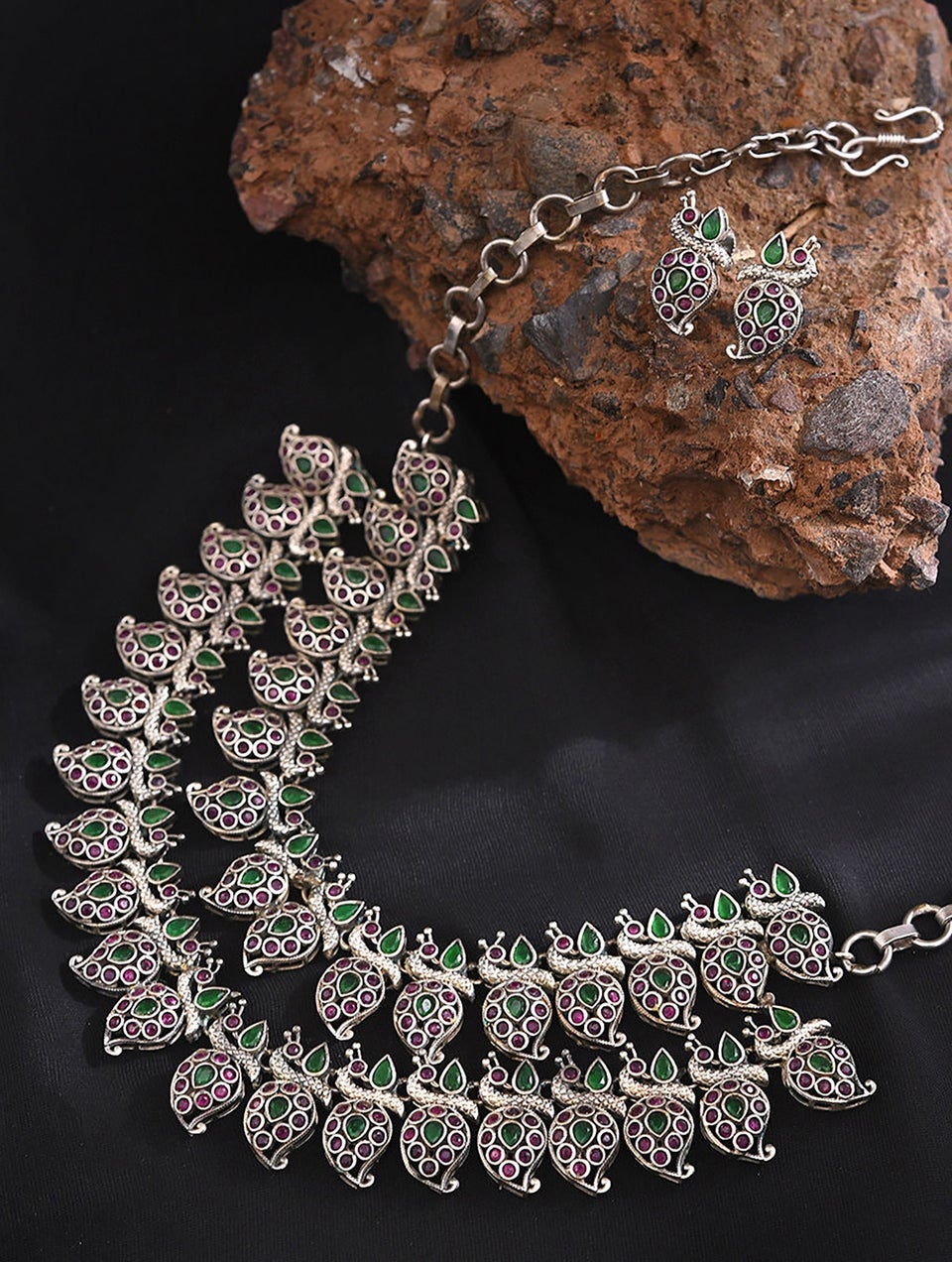Women Green Pink Silver Tone Tribal Necklace With Earrings