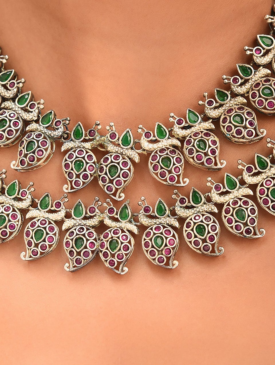 Women Green Pink Silver Tone Tribal Necklace With Earrings