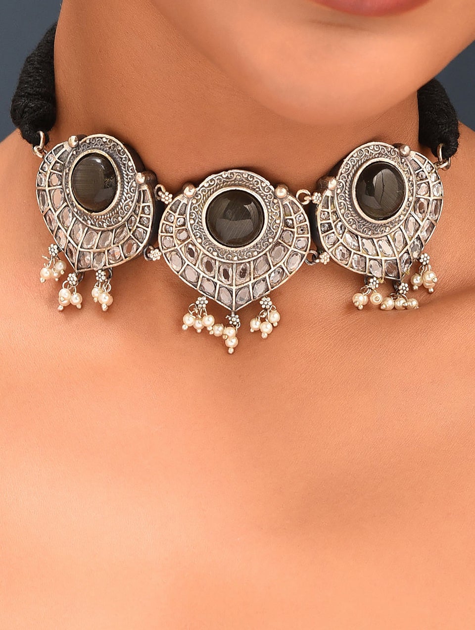 Women Black Silver Tone Tribal Necklace With Earrings