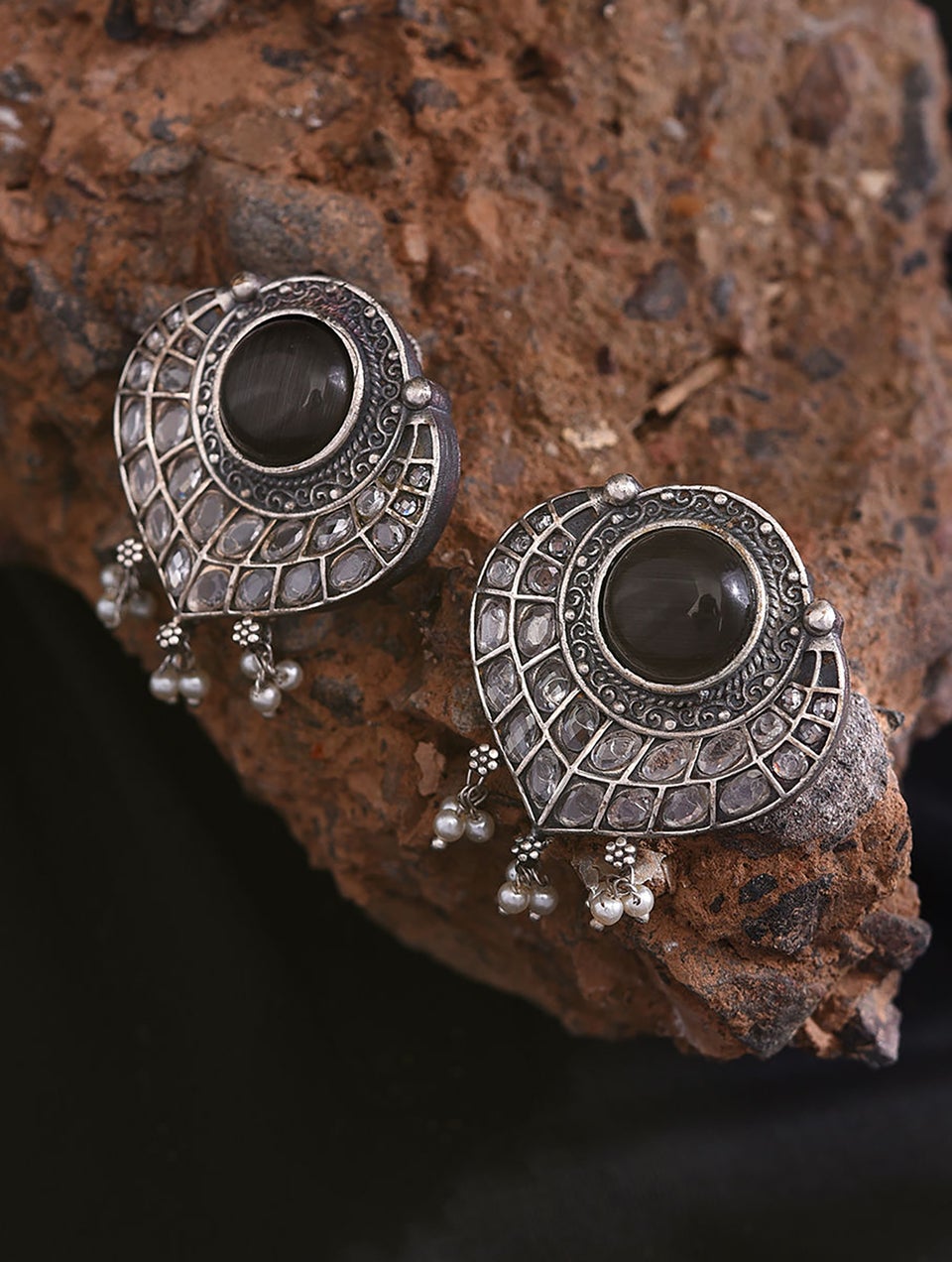Women Black Silver Tone Tribal Necklace With Earrings