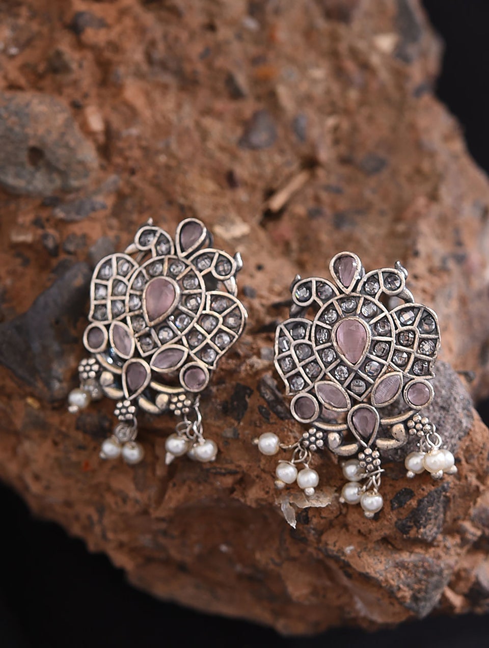 Pink Silver Tone Tribal Earrings with Ring
