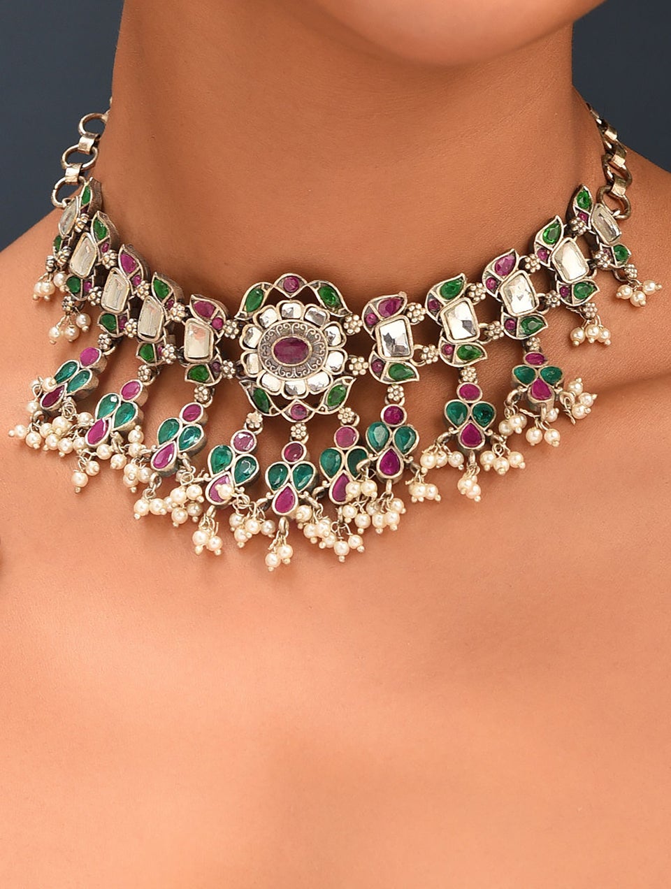 Women Green Pink Silver Tone Tribal Necklace With Earring