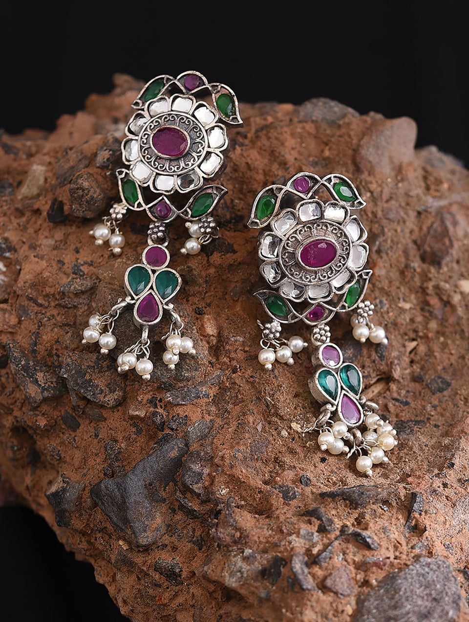 Women Green Pink Silver Tone Tribal Necklace With Earring