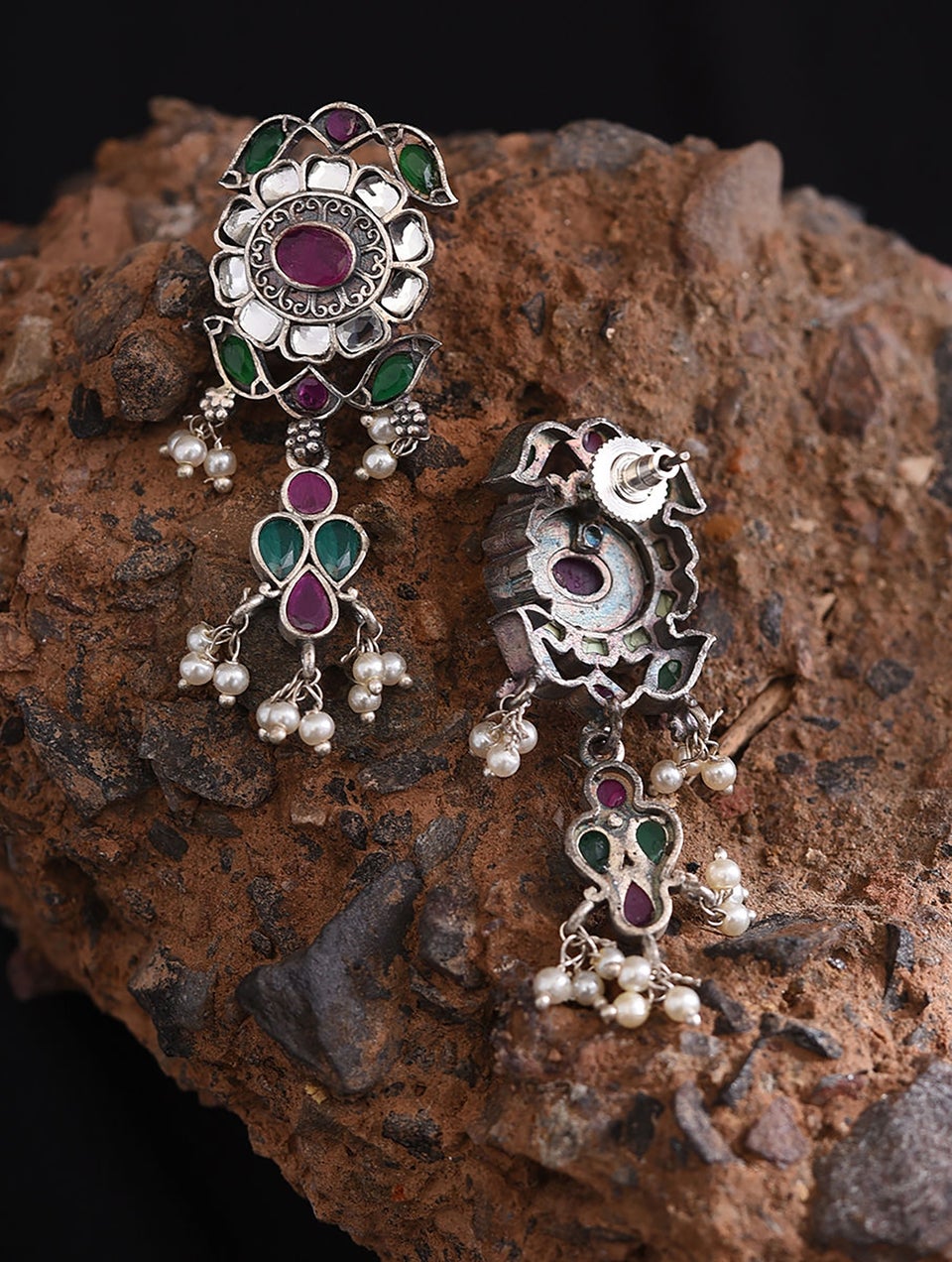 Women Green Pink Silver Tone Tribal Necklace With Earring