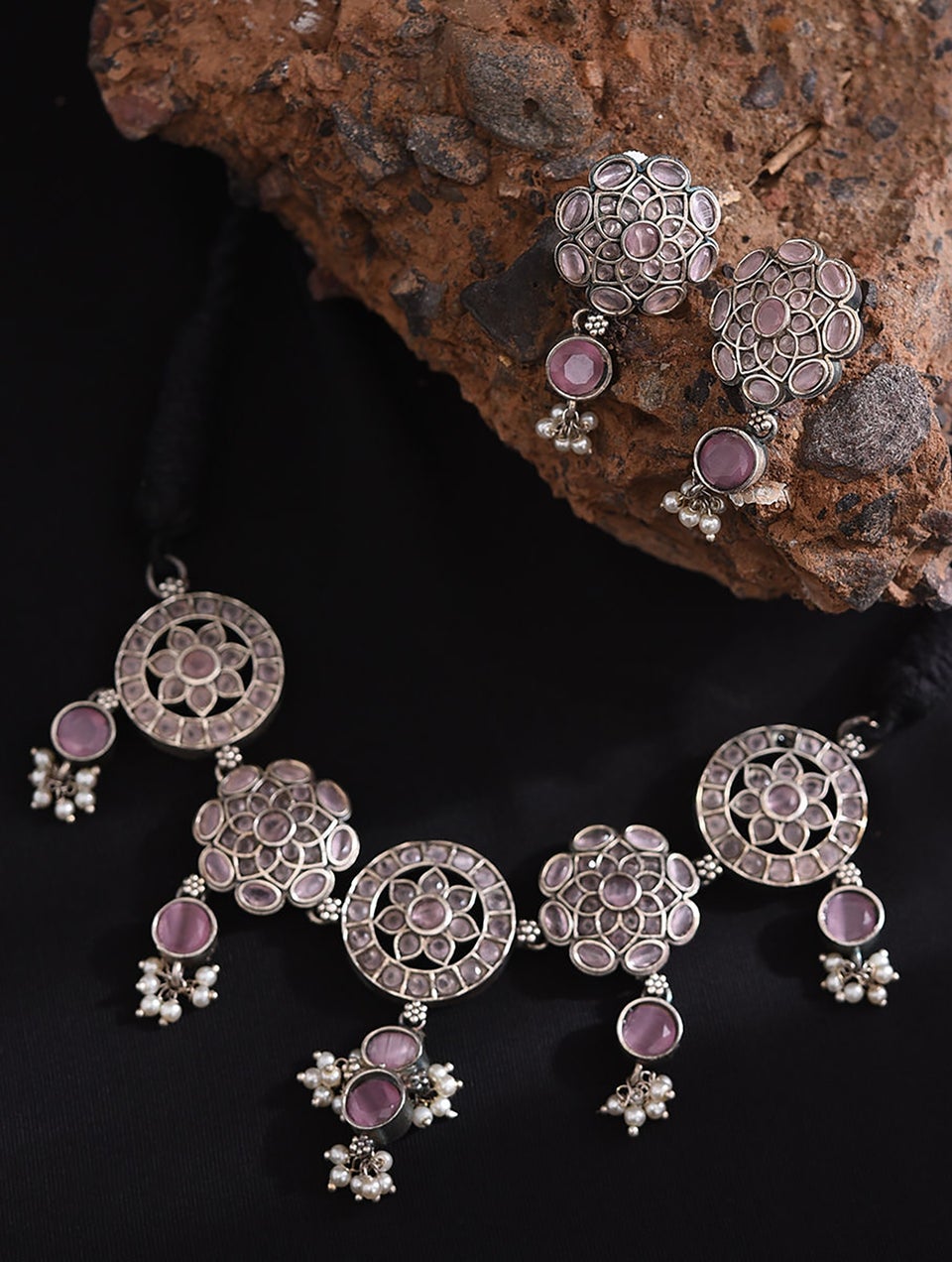Women Pink Silver Tone Tribal Necklace With Earrings
