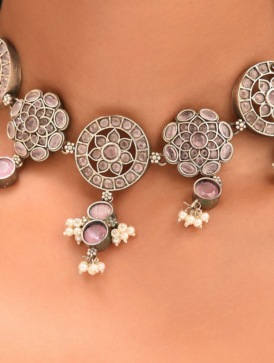 Women Pink Silver Tone Tribal Necklace With Earrings
