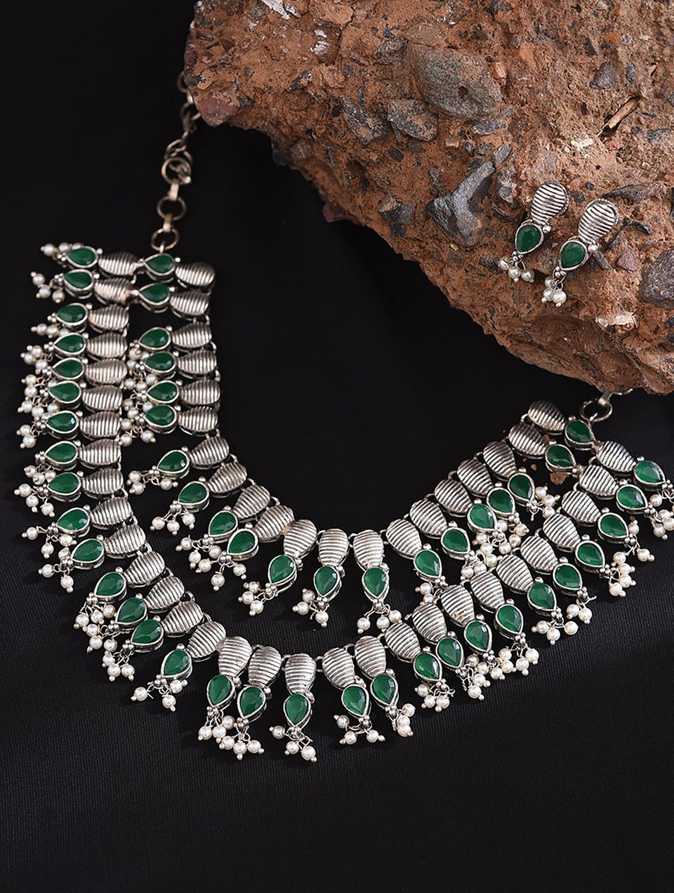Women Green Silver Tone Tribal Necklace With Earrings