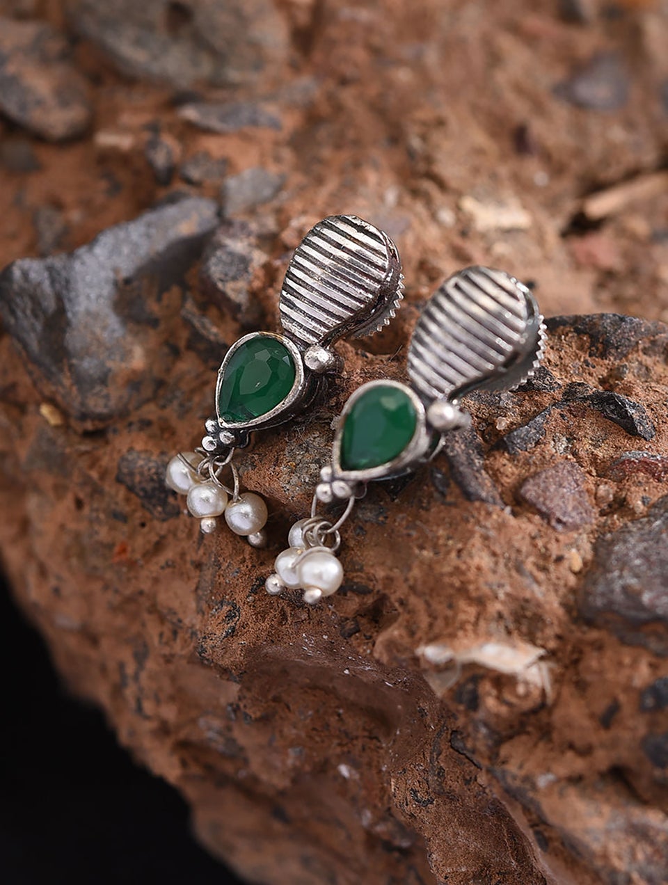 Women Green Silver Tone Tribal Necklace With Earring