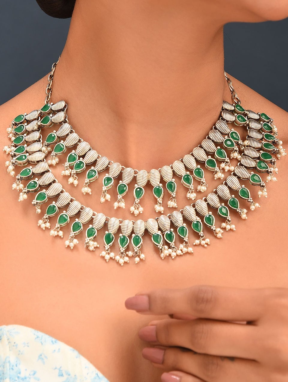 Women Green Silver Tone Tribal Necklace With Earrings