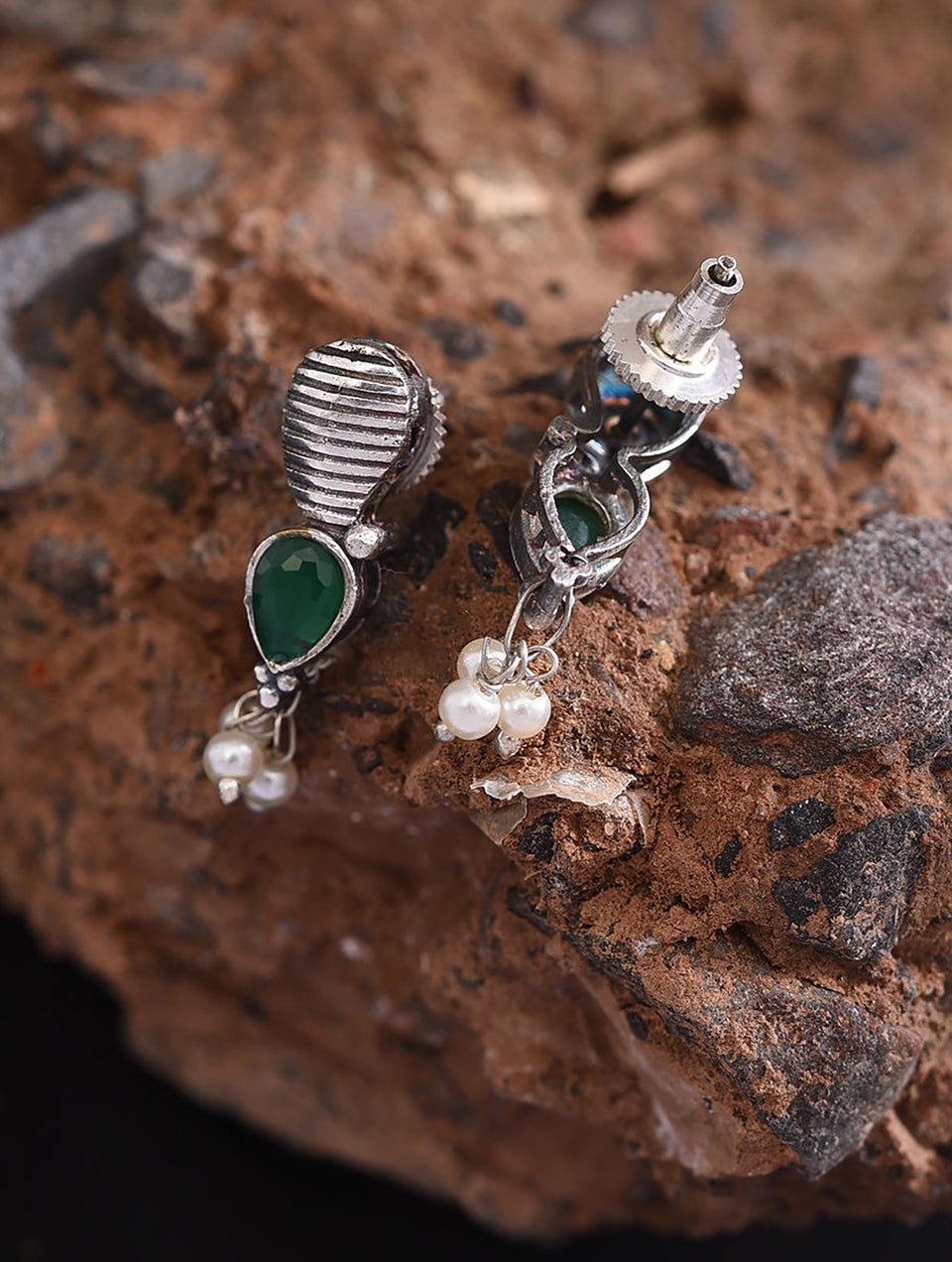 Women Green Silver Tone Tribal Necklace With Earring