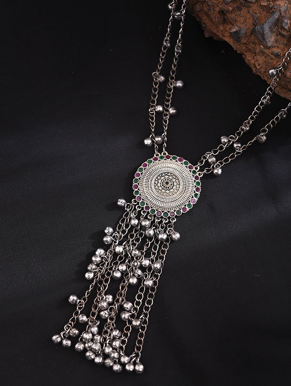 Women Pink Green Silver Tone Tribal Necklace