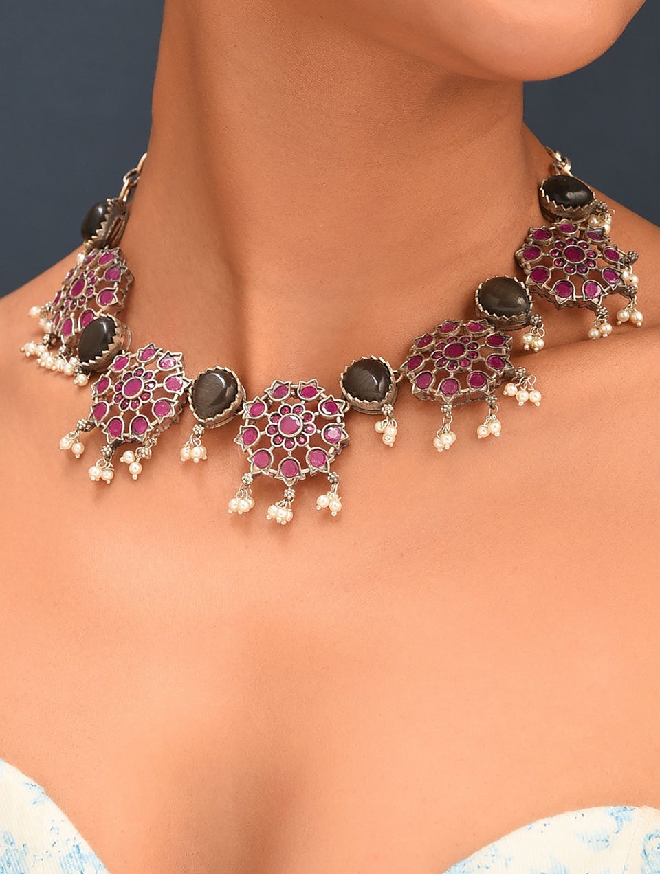 Women Pink Black Silver Tone Tribal Necklace With Earrings
