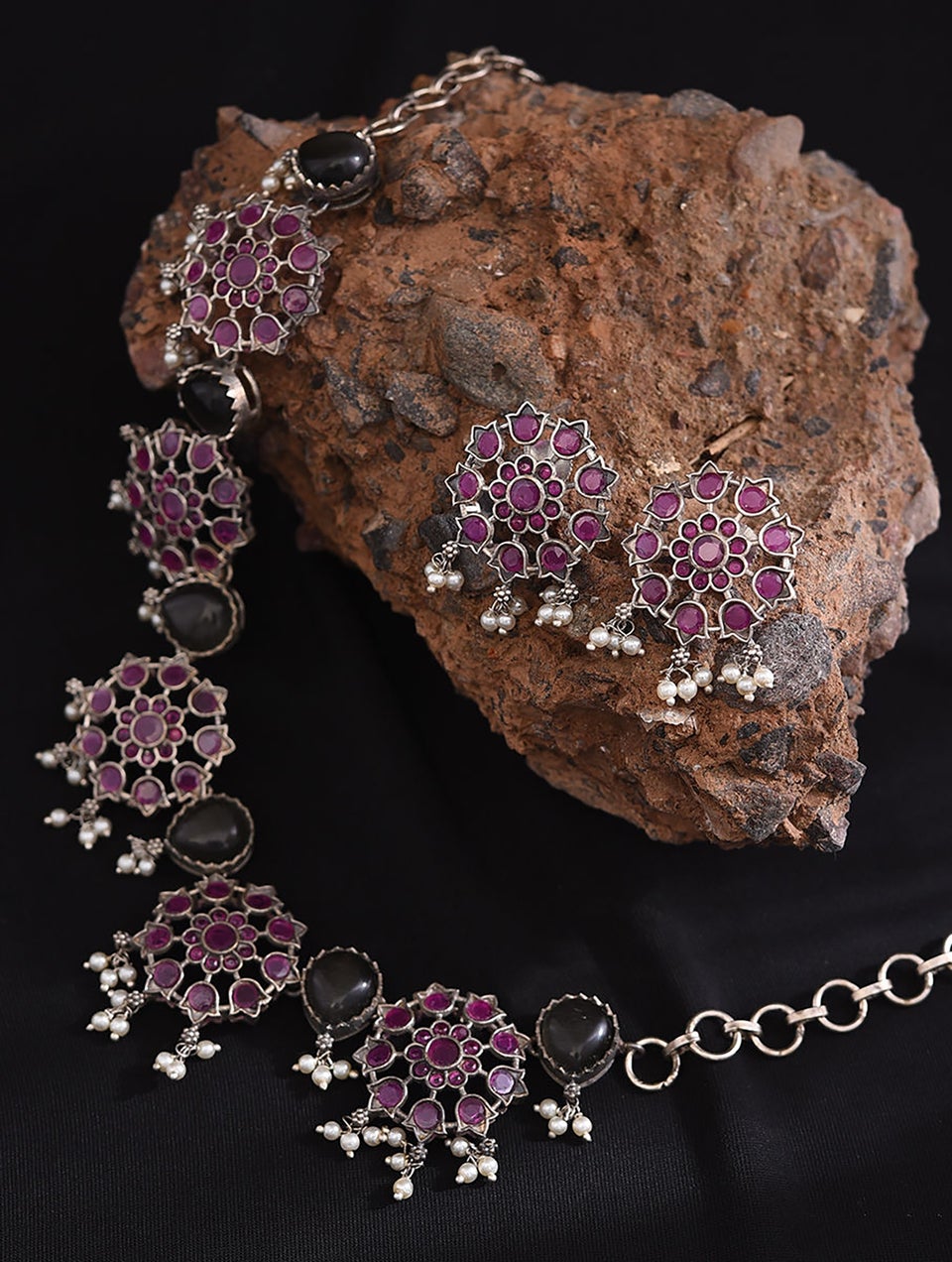 Women Pink Black Silver Tone Tribal Necklace With Earrings