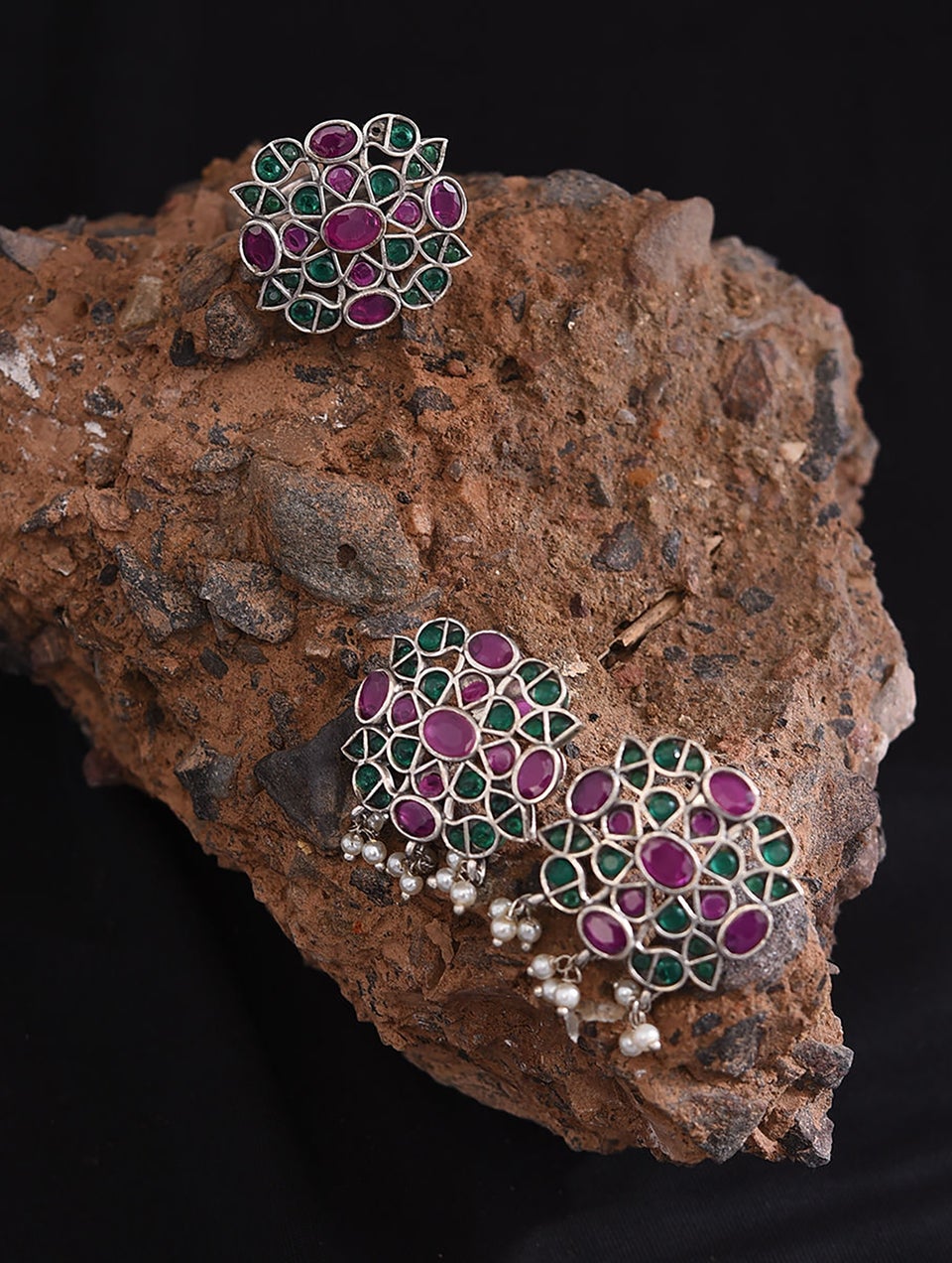 Green Pink Silver Tone Tribal Earrings with Ring