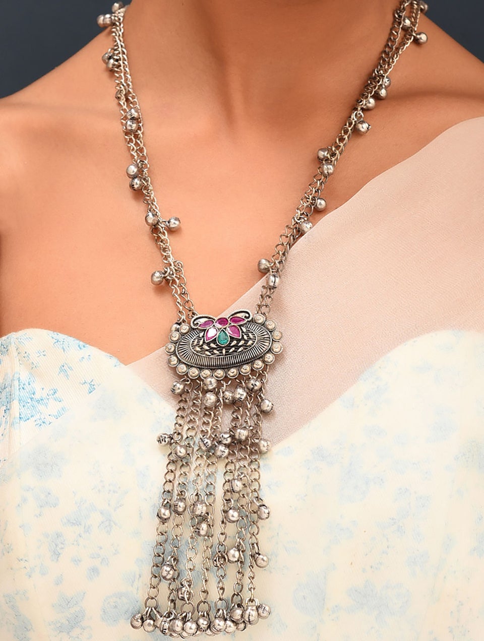 Women Pink Green Silver Tone Tribal Necklace