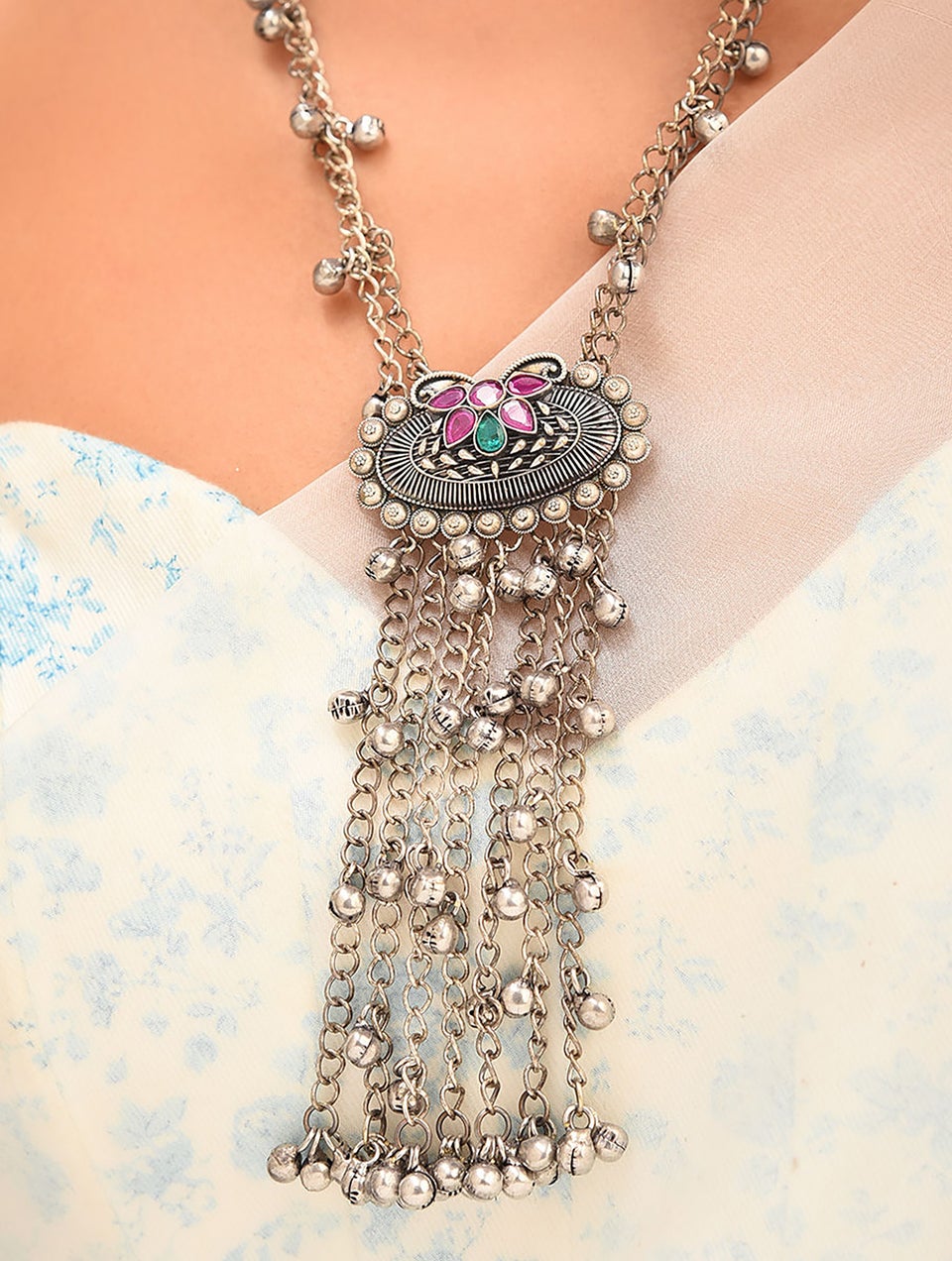 Women Pink Green Silver Tone Tribal Necklace