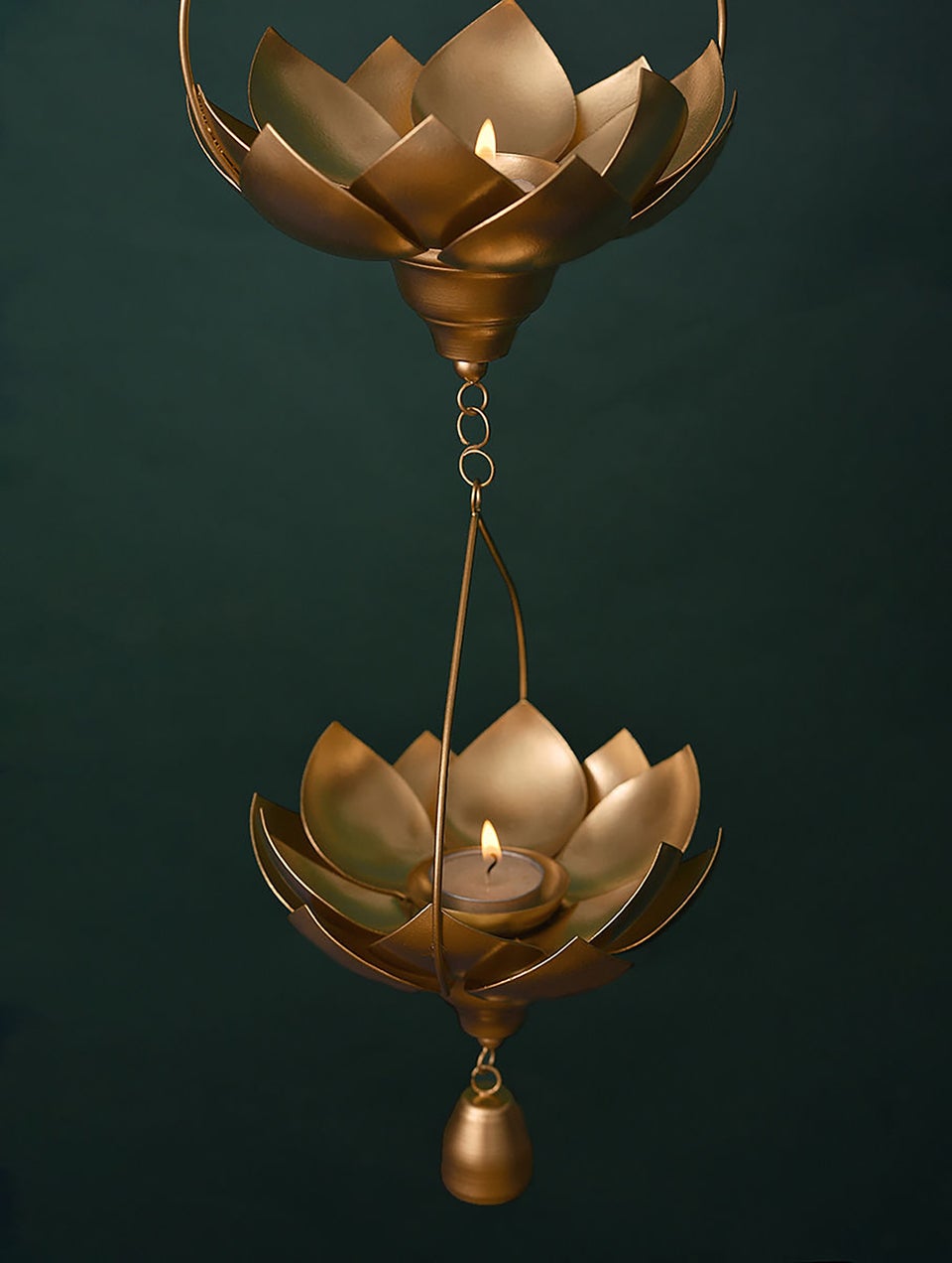Golden Metal Double Lotus Hanging Tea Light Holder