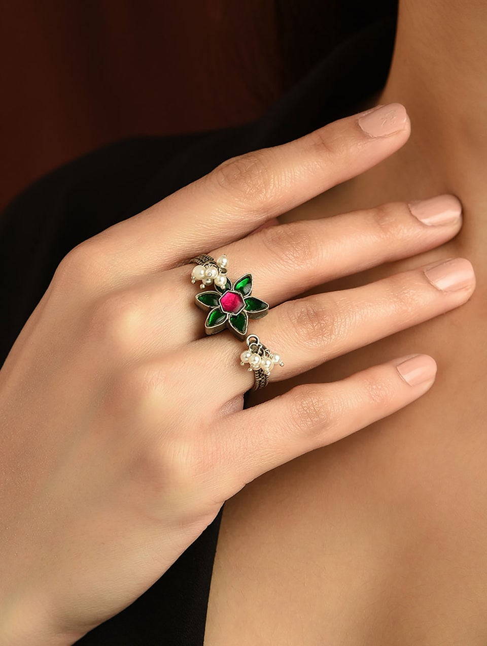 Women Pink Green Tribal Silver Kundan Ring