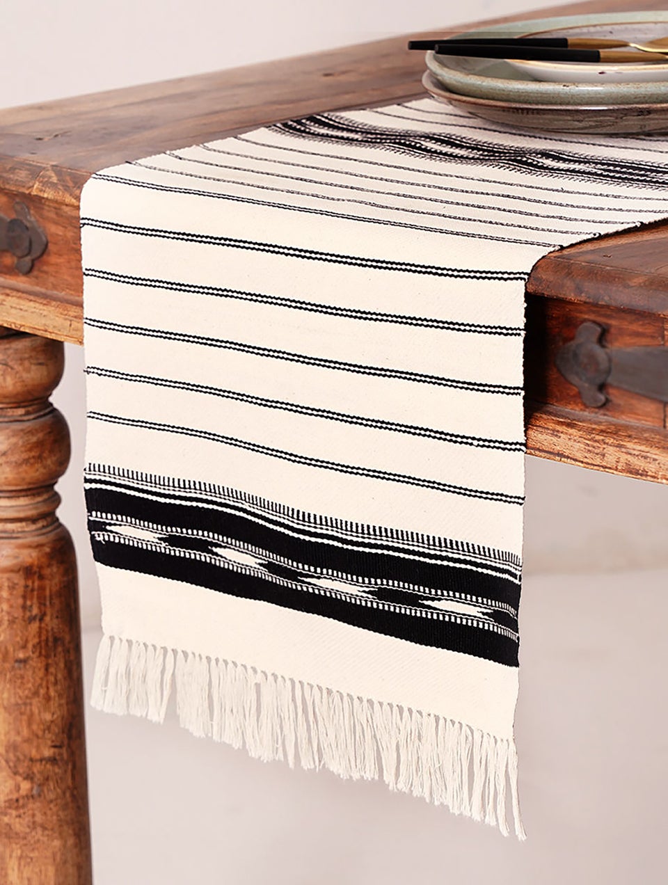 Black And White Handwoven Kashida Table Runner