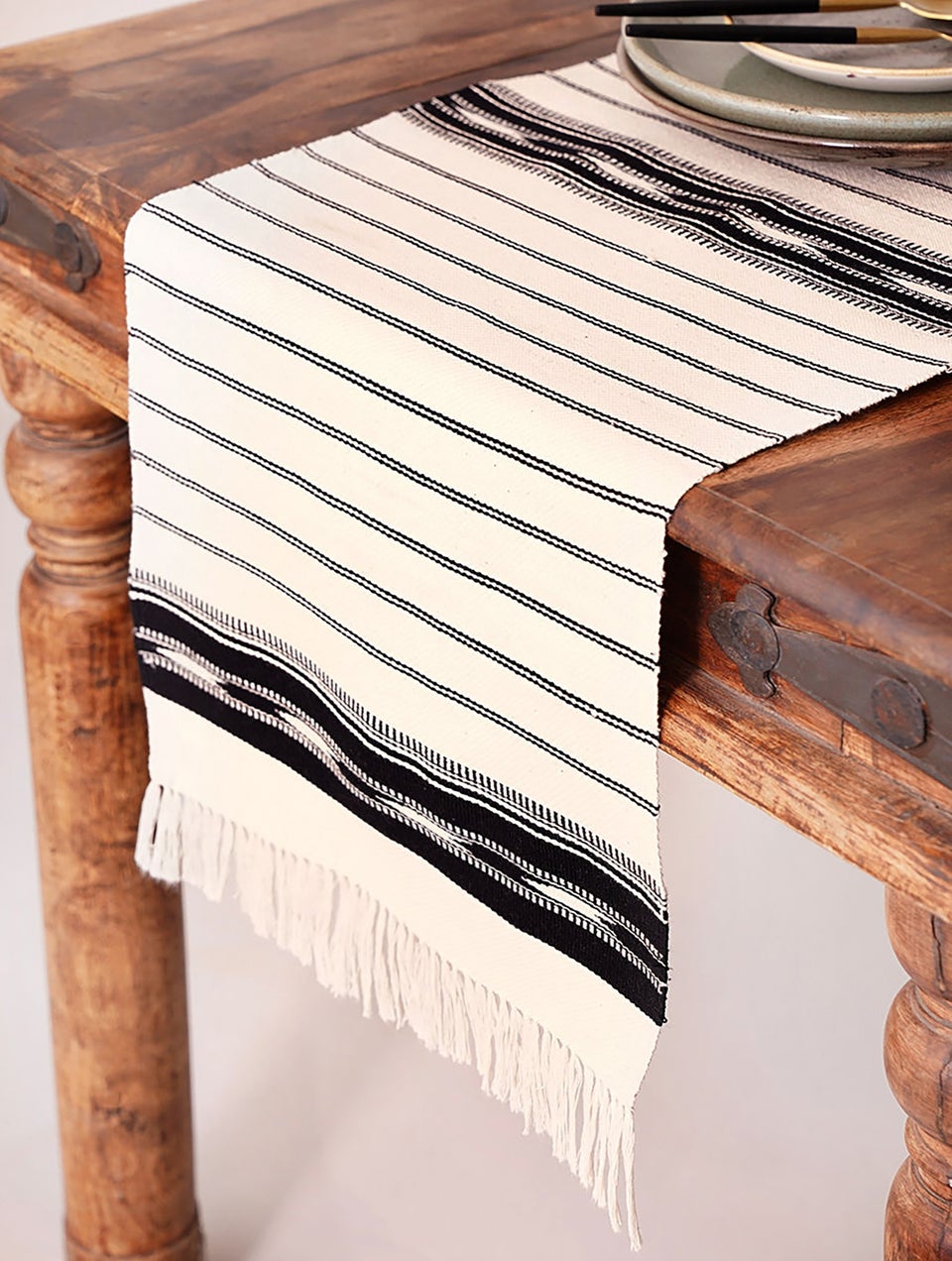 Black And White Handwoven Kashida Table Runner