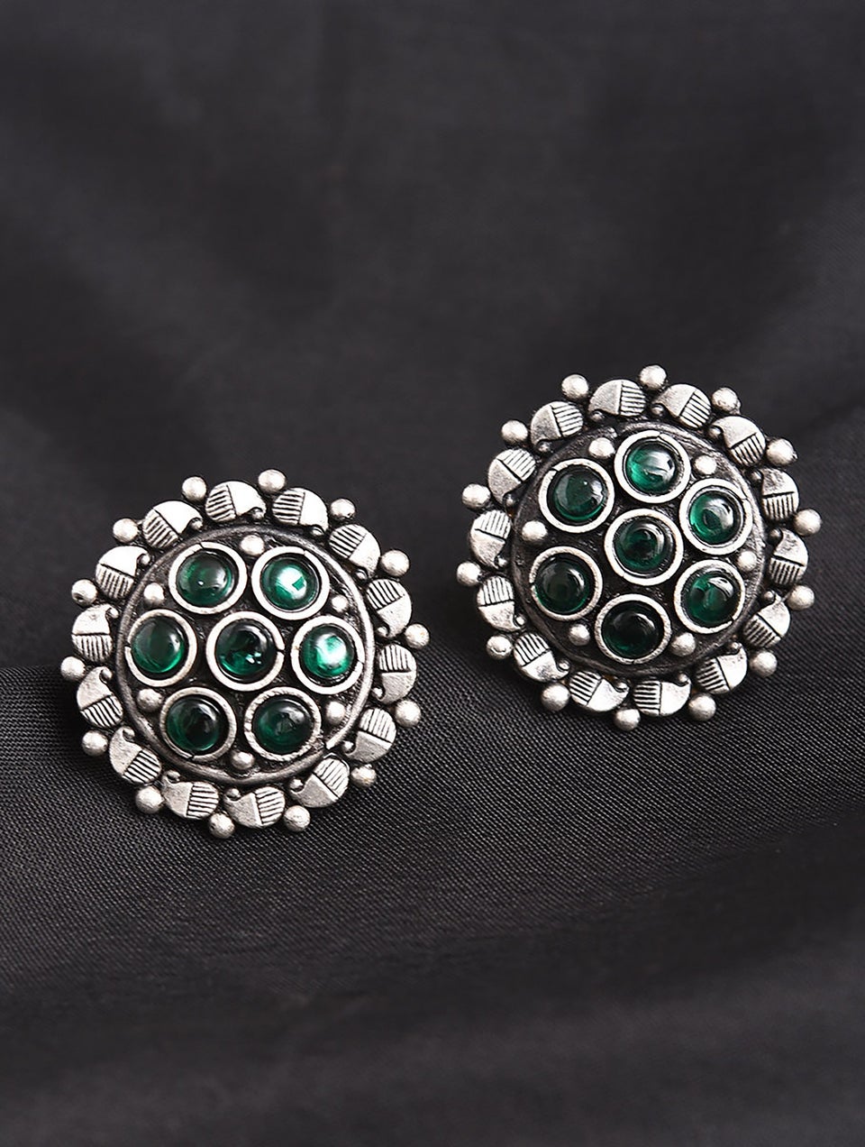 Women Green Kempstone Encrusted Tribal Silver Earrings