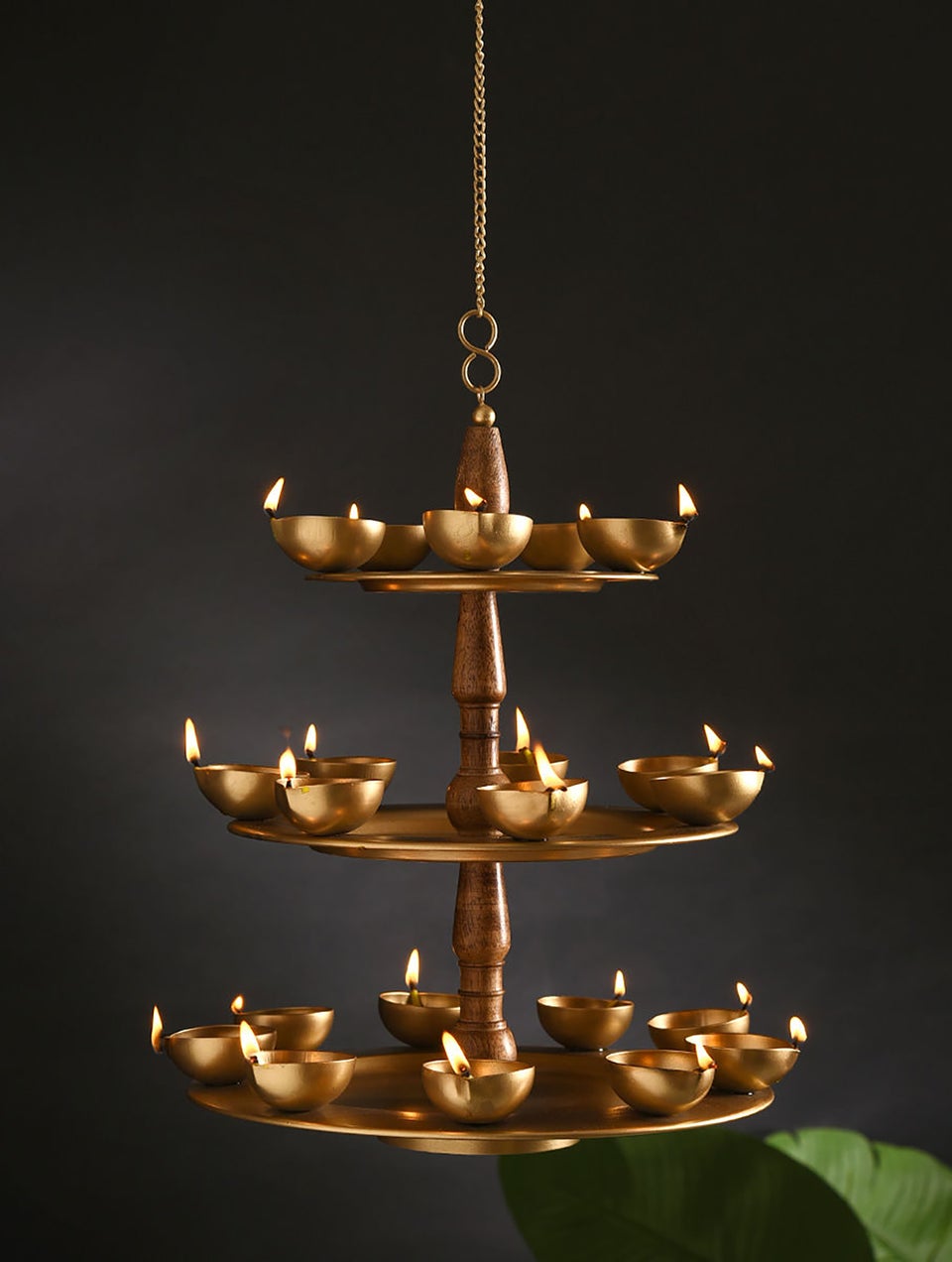 Golden Wood And Metal Three Tier Hanging Tea Light Holder