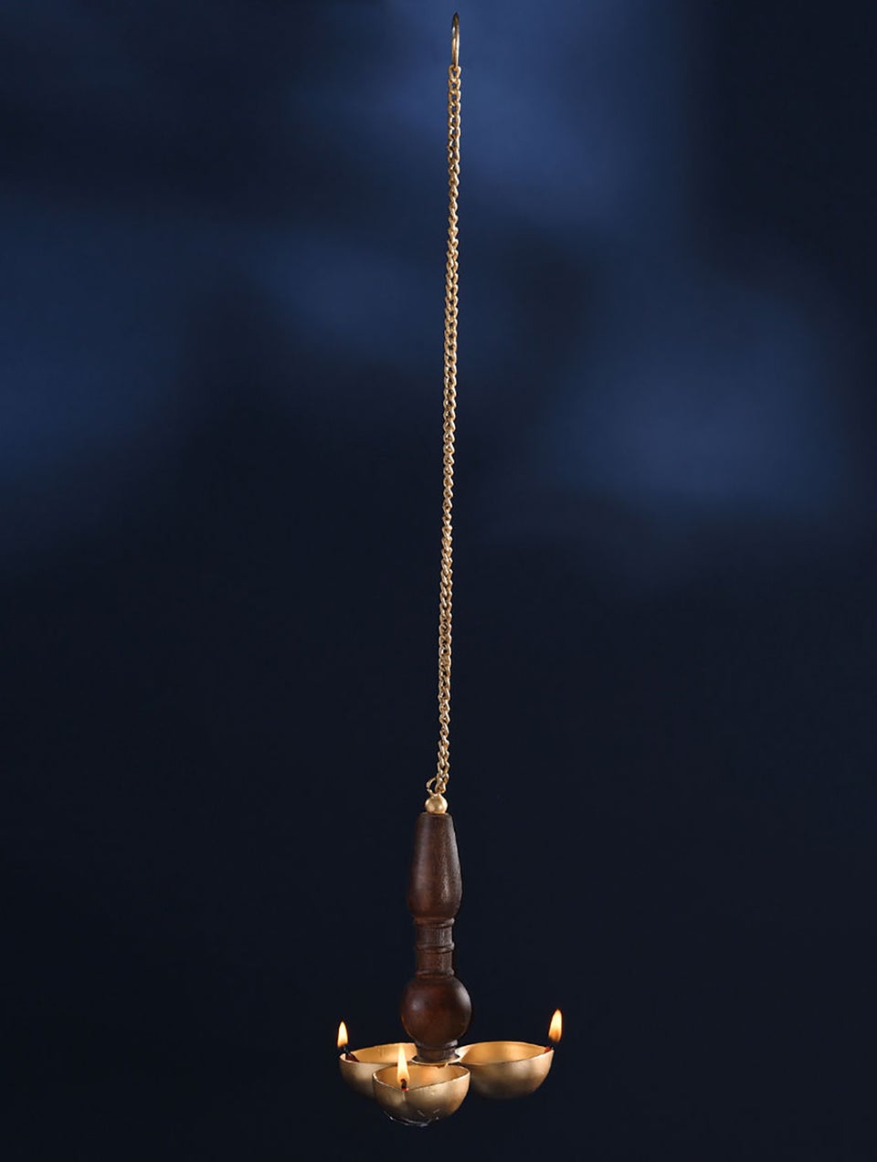 Golden Metal And Wooden Hanging Tea Light Holder With 3 Diyas