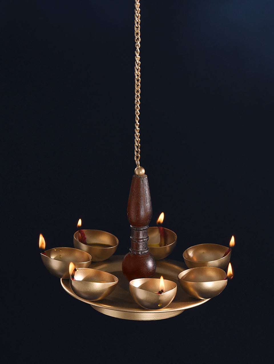 Golden Metal And Wooden Hanging Tea Light Holder With 7 Diyas