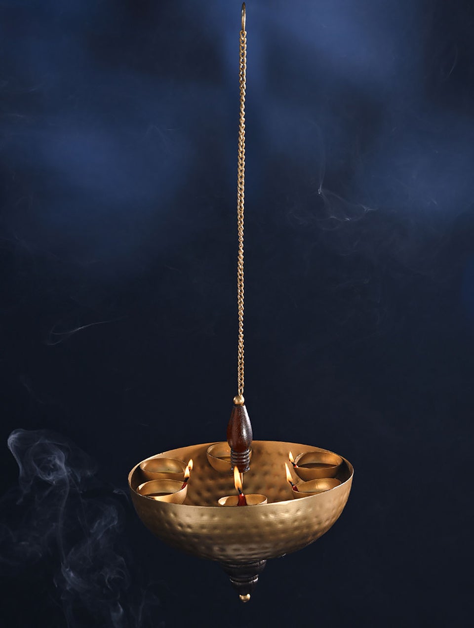 Golden Metal And Wooden Hanging Urli Tea Light Holder With 6 Diyas