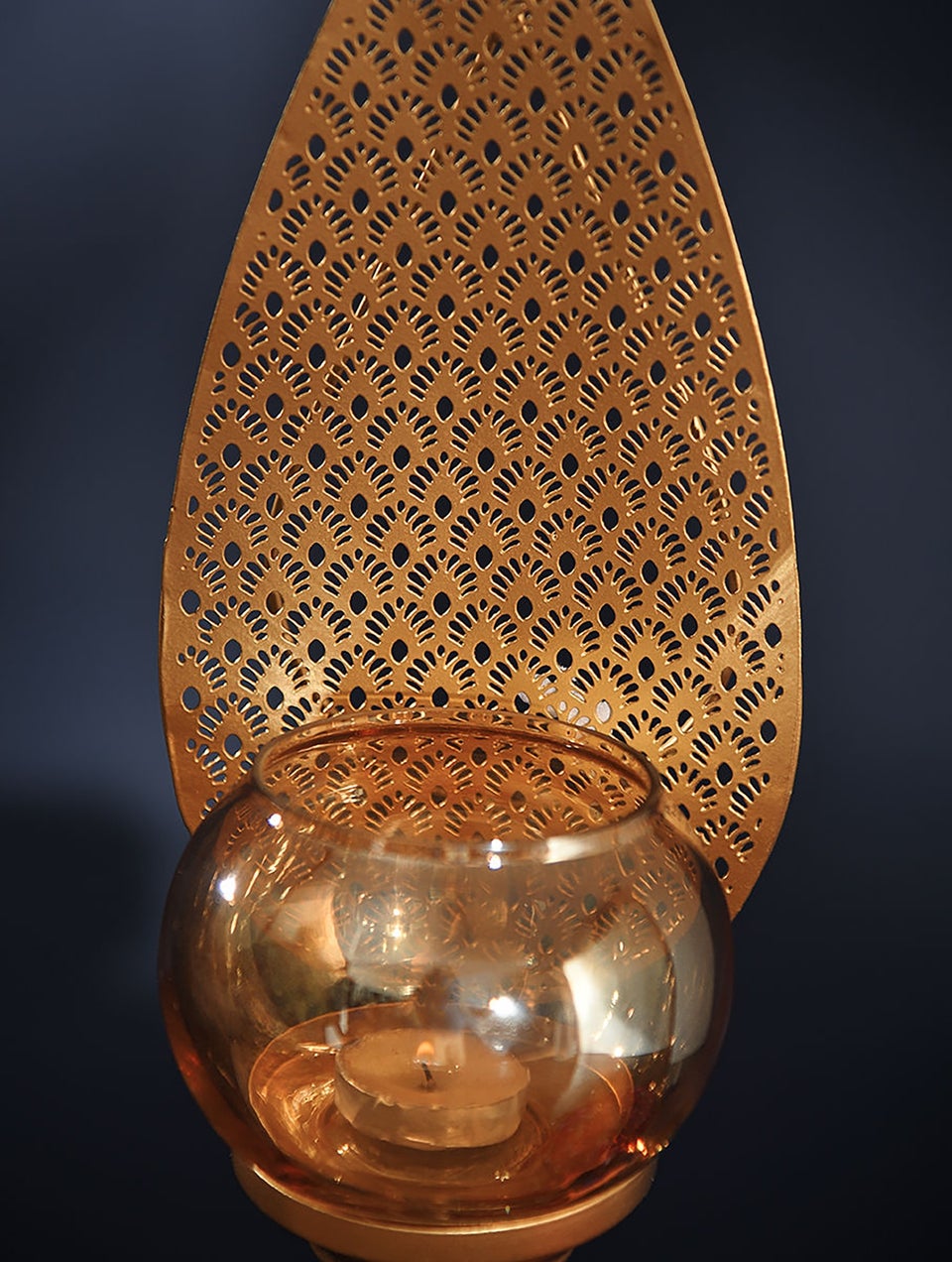 Golden Metal and Glass Jaali Tea Light Holder with Glass Votive