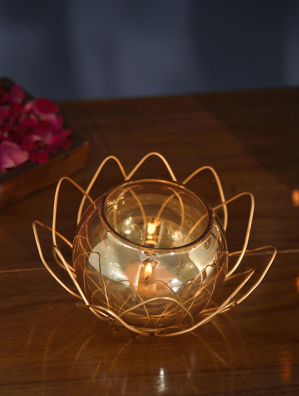Golden Metal Lotus Jaali With Glass Votive