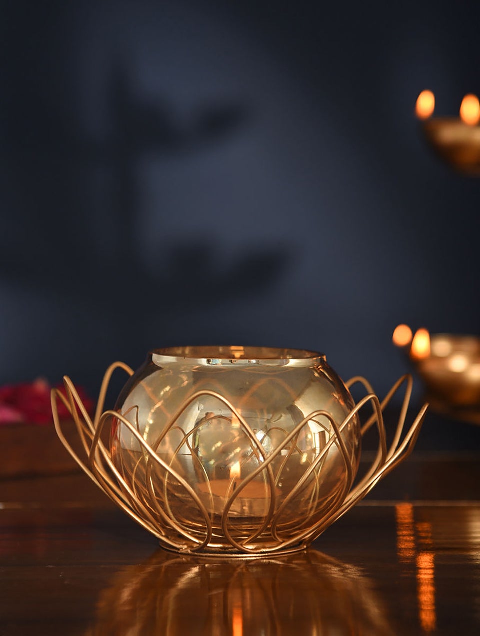 Golden Metal Lotus Jaali With Glass Votive