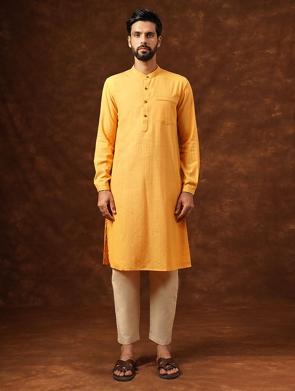 Men Yellow Cotton Regular Fit Kurta - 38