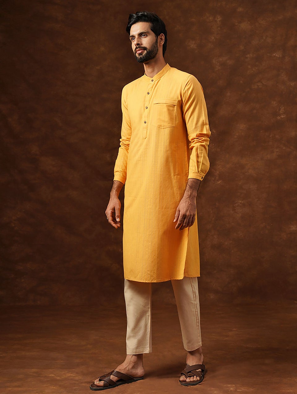 Men Yellow Cotton Regular Fit Kurta - 38