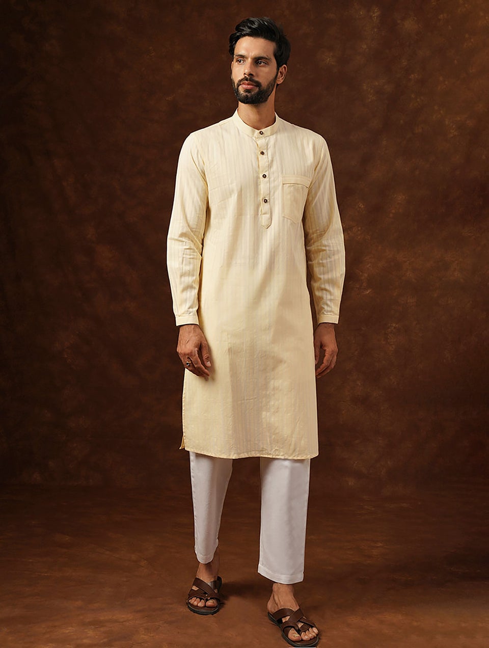 Men Ivory Cotton Round Neck Regular Fit Kurta - 38