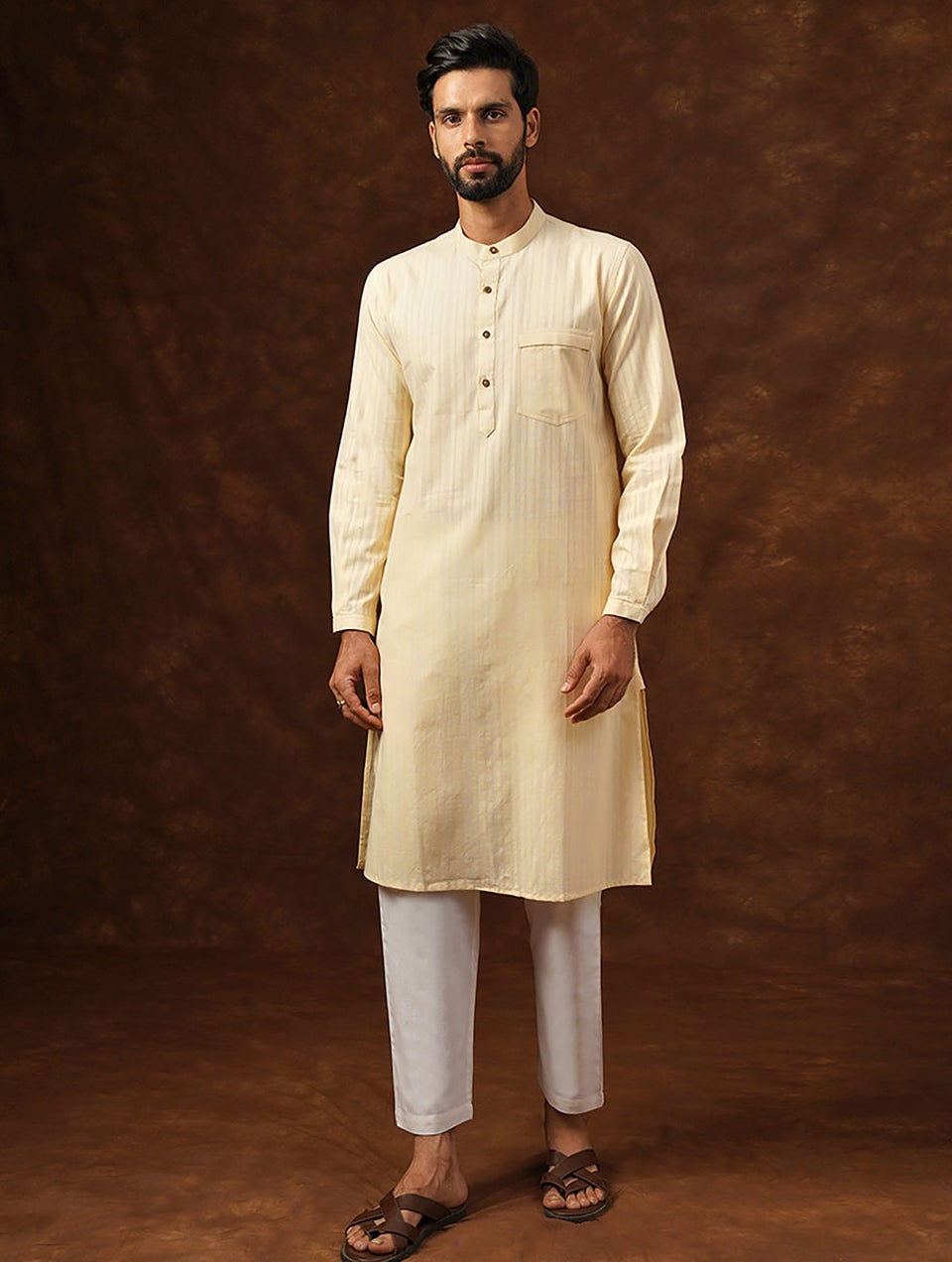 Men Ivory Cotton Round Neck Regular Fit Kurta - 38