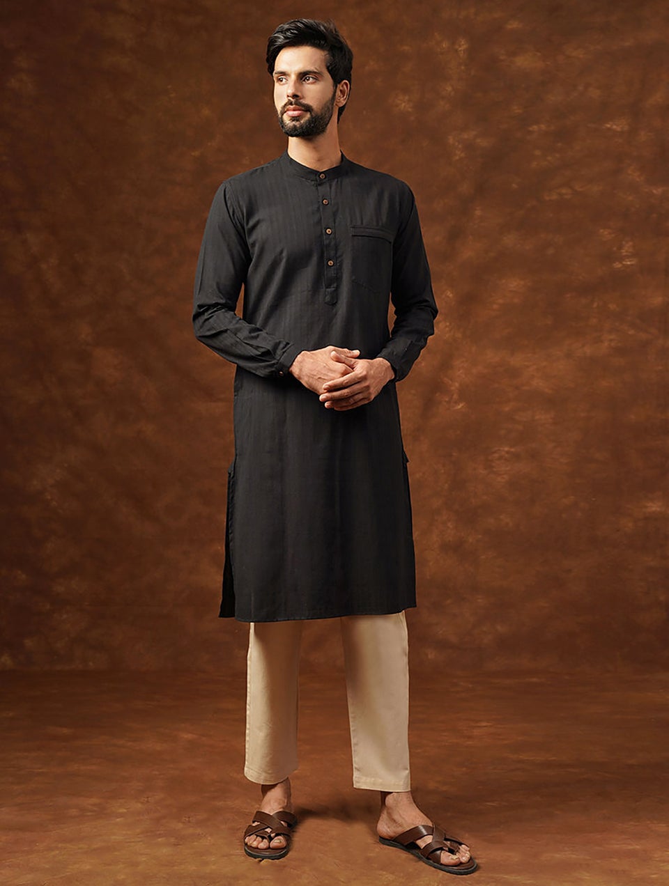 Men Black Cotton Regular Fit Kurta - 38